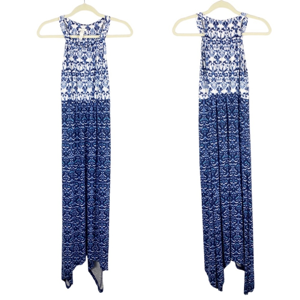 Soma Womens Maxi Dress Blue White Halter Ikat Soft Jersey Knit Size Small